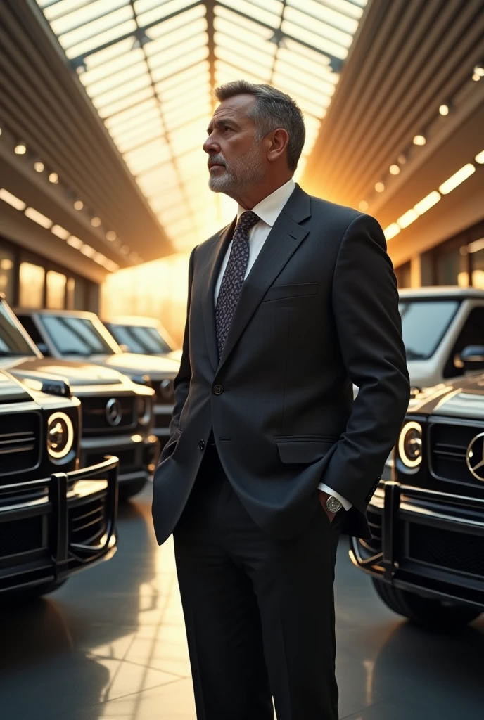 Prompt:
A seasoned businessman, renowned for his success in the luxury automotive industry, stands amidst a showroom filled with gleaming G-Wagons. Sunlight streams through the glass ceiling, casting an ethereal glow on the iconic vehicles. The businessman, dressed impeccably in a tailored suit, is deep in thought, contemplating the future of his company and the evolving desires of the ultra-luxury market.
Possible angles to explore:
* Strategic thinking: What is the next big move for his G-Wagon business?
* Customer psychology: How can he tap into the desires of the ultra-wealthy clientele?
* Market trends: What emerging trends in luxury automotive design and technology should he incorporate?
* Personal reflection: What does the success in this industry mean to him?
Would you like to focus on a specific angle or explore a particular emotion for the businessman?