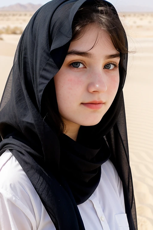 Face profile, soft smile, big striking blue eyes, black veil, 15 year old girl, pale white skin, rosy cheeks, middle east desert