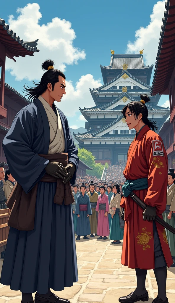 "Oda Nobunaga, with a broad smile and crinkled eyes, teasingly calls Toyotomi Hideyoshi 'Saru' in a lively castle courtyard. Hideyoshi stands awkwardly, his body language tense, surrounded by onlookers who are amused by the interaction."