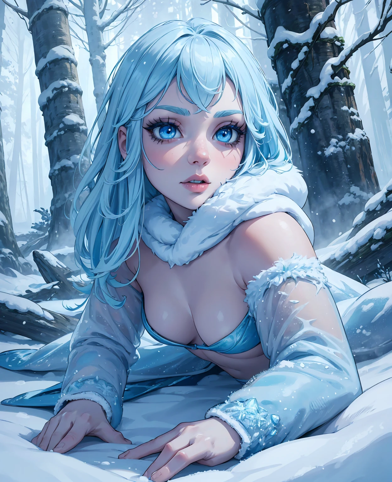 A tiny ice frog, snowy forest, detailed creature, beautiful detailed eyes, beautiful detailed lips, extremely detailed face, long eyelashes, 1 frog, hyper realistic, 8k, highres, masterpiece, ultra-detailed, photorealistic, physically-based rendering, vivid colors, cold lighting, icy blue tones, winter landscape, snow covered trees