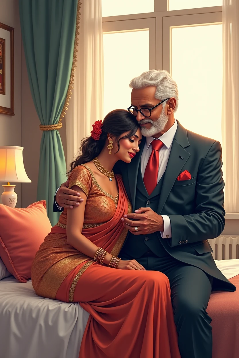 Generate a tender and romantic digital illustration of an Indian lady fucking her indian grandpa wearing suit while lying on a luxury bed. Capture the warmth of their connection, grandpa holding her breast, paying attention to cultural details in their luxury attire and surroundings. Create an atmosphere of intimacy and affection, portraying the beauty of their relationship. (show cleaveage), (show underboob), (show sexy belly). (show thigh), luxury bedroom