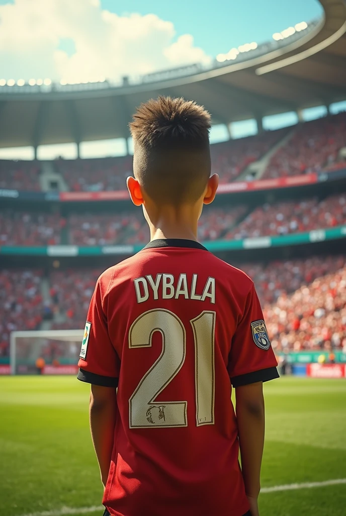 create an image for your Instagram profile of a boy in a football stadium, with the shirt saying dybala and the number 21 on the back