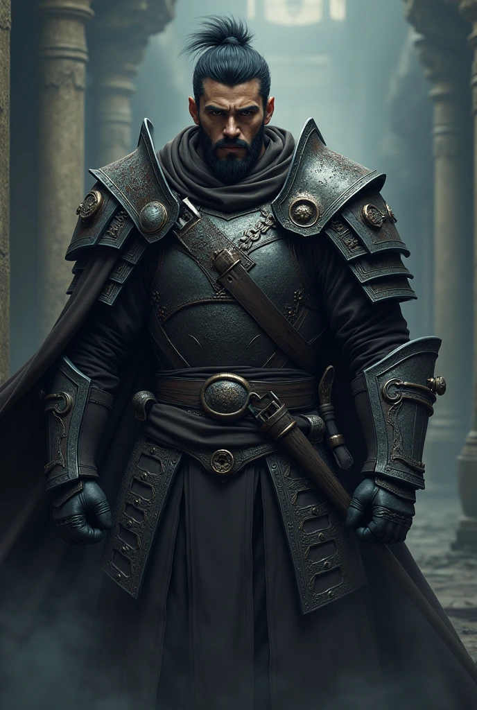 warrior, short hairs, black hair, Short beard, in armor, dark atmosphere, Antiquity, Anime Style