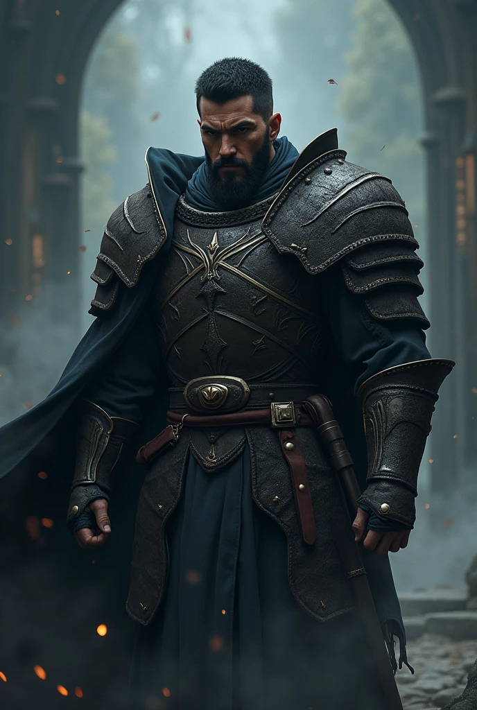 warrior, short hairs, black hair, Short beard, in armor, dark atmosphere, Antiquity, Anime Style