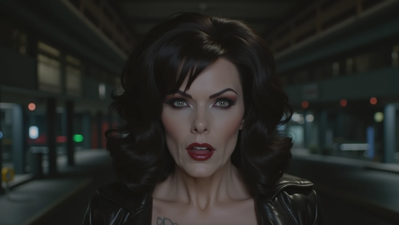 Beautiful pale 50 year old drag queen woman, detailed black hair, thin long nose, eyes wide open, cleavage, leather jacket, staring at viewer, evil stoic expression, long face shape, perfect teeth, cinematic lighting, hyperrealistic, 8k, highly detailed, photorealistic, masterpiece