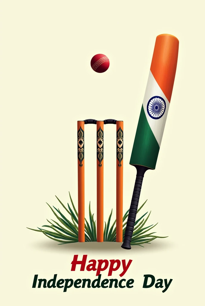 I need a Republic poster in sports theme like The cricket stumps in tricolour, the ball as chakra and you can write on the bat as happy independence day.