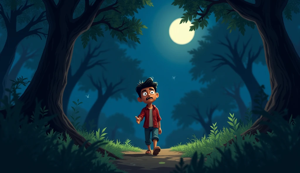 Ramesh farmer walking in the dark forest night face is fear
3d cartoon