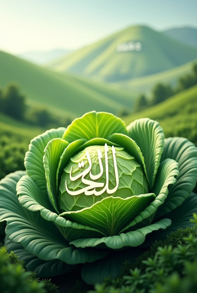 Make a nice image of Allah Hu being written on a green cabbage and that Allah Ho is behind the hill.
