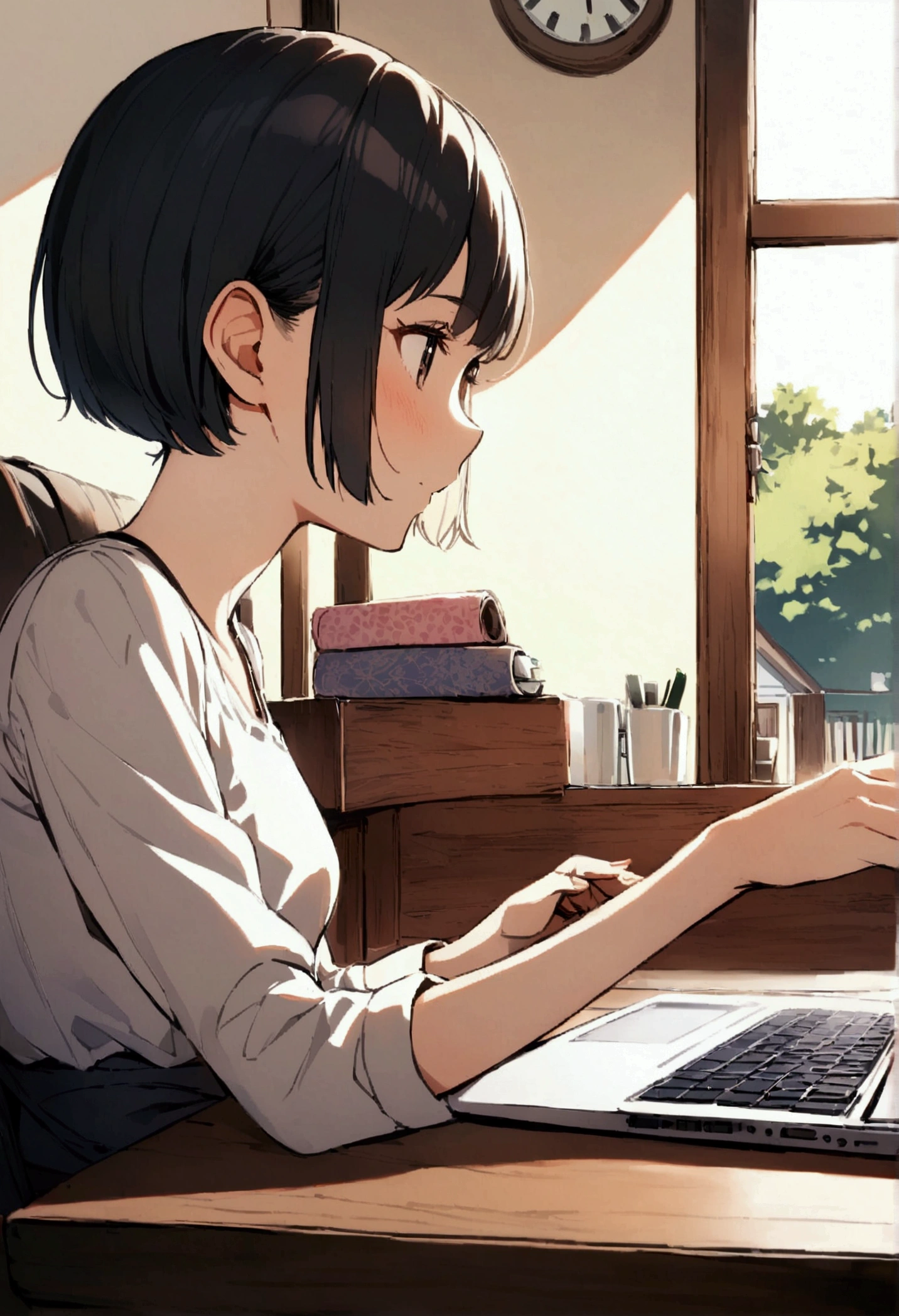 slender,a young girl,pixie cut,black hair,enjoy,working on laptop,house setting,notebook
