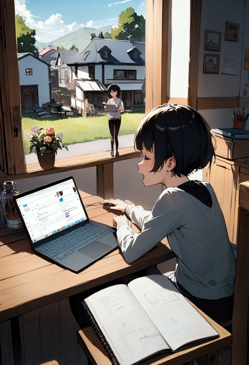 slender,a young girl,pixie cut,black hair,enjoy,working on laptop,house setting,notebook