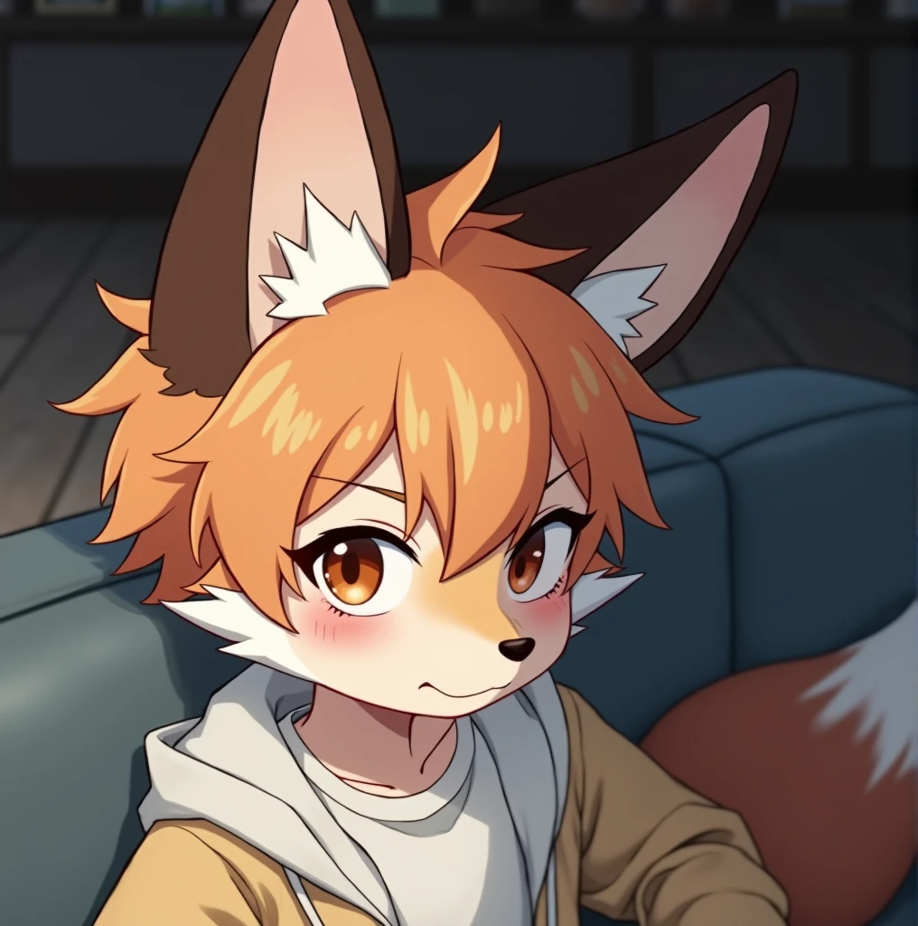 fox boy,Wearing a white T-shirt and hoodie,8k resolution,最high resolution,high resolution,Japan style private house,Watching TV on the sofa