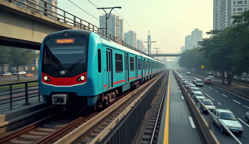 Imagine a cinematic of Kolkata Metro running on elevated track near EM BYPASS AREA , metro body colour should be blue with red label at bottom. "The image ratio should be in 16:9 ". And make according to current kolkata metro rakes which are being used