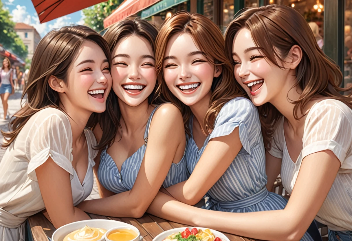 three women having a laugh together at a sidewalk cafe, one with her arm around another, smile, brown hair, multiple girls, grin, realistic, open mouth