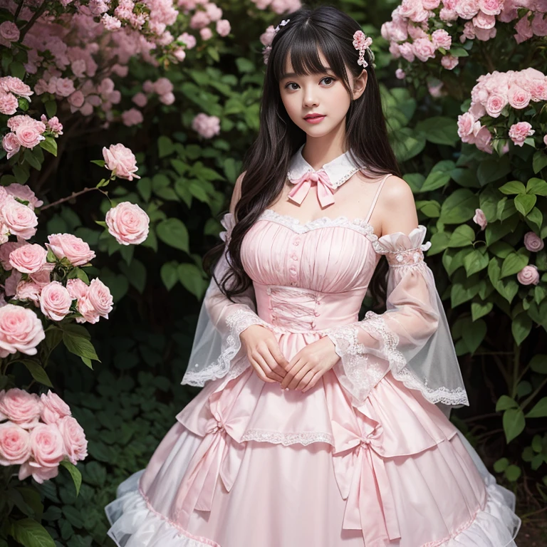Bow tie at the back of the waist, There is a bow on the back,Side shot, Skirt length to calf, cupcake dress, Layered skirt with lace on each layer, Put on a lolita dress, layered dress, Pink Lolita dress, lots of lace, Long sleeve, Wide sleeves, Big Skirt, Layered lace skirt, Puff sleeves, Wide sleeves, Transparent sleeves, intricate details showcase the ruffles and intricate designs of the Lolita dress, Wearing a lolita dress, in a sea of flowers, best quality, Delicate face,beautiful visual work, lifelike, eternity, black hair, Long curly hair, blunt bangs, Smile, Detailed Background, Delicate face,blush,cold,((masterpiece))、(top quality)、8k、high detail、Super detailed,41 years old,woman, masterpiece、born、Scenes resembling fairy tale illustrations、intricate details和複雜的設計、Beautifully、magic、capricious、 Beautifully、Dream aesthetics、「𝓡𝓸𝓶𝓪𝓷𝓽𝓲𝓬、ethereal、charming、fickle、magic」、realism、Visual effects、FXAA、SSAO、Shader、voiceless、ambient lighting、Tone mapping、High resolution、Ultra high quality、Million pixels、(8K resolution:1.10)、8k、8k以下、8K resolution、high detail、intricate details, (high quality:1.2、masterpiece:1.2、:1.21)、(41 years old,woman:1.21)、(興奮地Smile)、(Surrounded by a dreamy atmosphere、Model diagram,full-body shot,Normal 2 feet,Put your hands behind your back,Breast protrusion visible when wearing clothes, Large Breasts, H cup chest, pink clothes, Don't show your fingers, full-body shot, full-body shot,full-body shot,full-body shot,full-body shot,full-body shot,full-body shot,full-body shot,Hands hidden in clothes, Hands hidden in clothes,Hands hidden in clothes,Hands hidden in clothes,Hands hidden in clothes,Hands hidden in clothes,Hands hidden in clothes,Hands hidden in clothes,Hands hidden in clothes, ,Hide your hands in your sleeves ,Hide your hands in your sleeves ,Hide your hands in your sleeves ,Hide your hands in your sleeves ,Hide your hands in your sleeves ,Hide your hands in your sleeves ,Hide your hands in your sleeves ,Hide your hands in your sleeves, Put your arms behind your back, Put your arms behind your back,