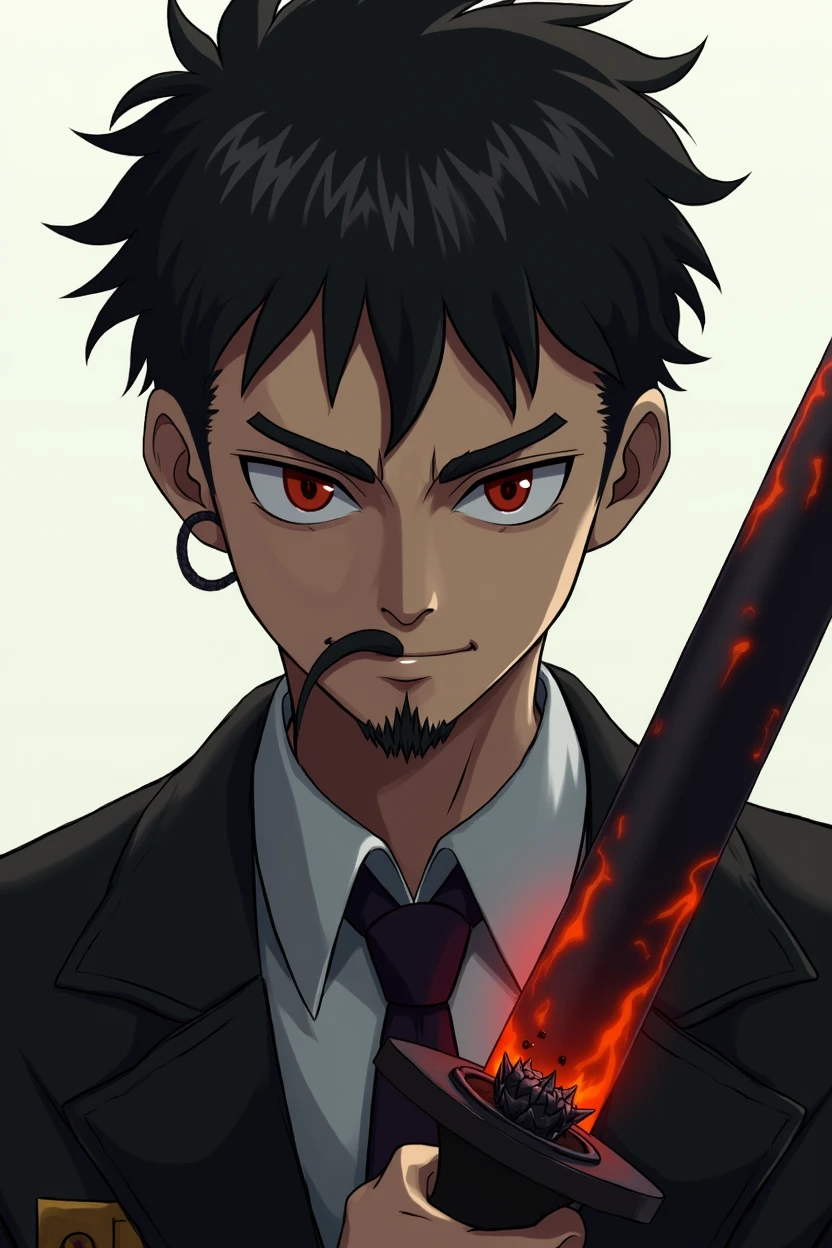 Create this character showing his entire body and a demon hanging on his back that is smaller than him., exhaling black flames