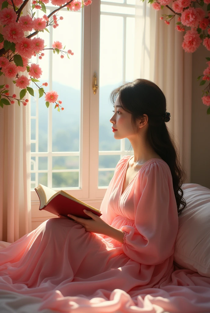 (photorealism:1.2), beautiful asian girl sitting in bed, wearing barbie frock,having book in one hand ,looking outside the window ,window is decorated with flowers