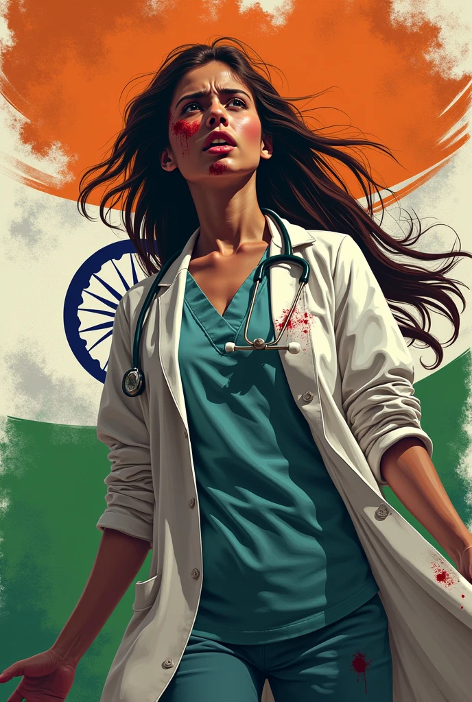 Make a indipendent day poster for India where recently a 32 years traine doctor has raped by 10 people in the hospital brutality and goverment is not taking any action cess is happens so make a poster for independence day with bolood on a lady doctor asking for help like we want to ask is this called indipendent . Make it more brutal where the girl is asking for help. Show the brutal side of the society also where they are blaming the girl