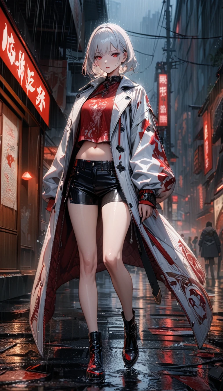 adult woman, long white hair, red eyes, red lipstick, white leather coat, red print, long sleeves, open belly, black shorts, Black leather long shoes, katana, rain, Masterpiece, best quality, Full HD, 8k, ultra details, great graphic