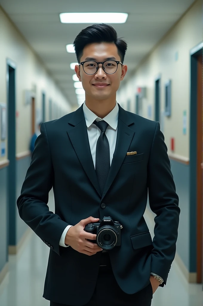 An 18 year old Vietnamese man wearing a suit, Korean hairstyle and wearing fashion glasses in classroom hallway and holding the camera