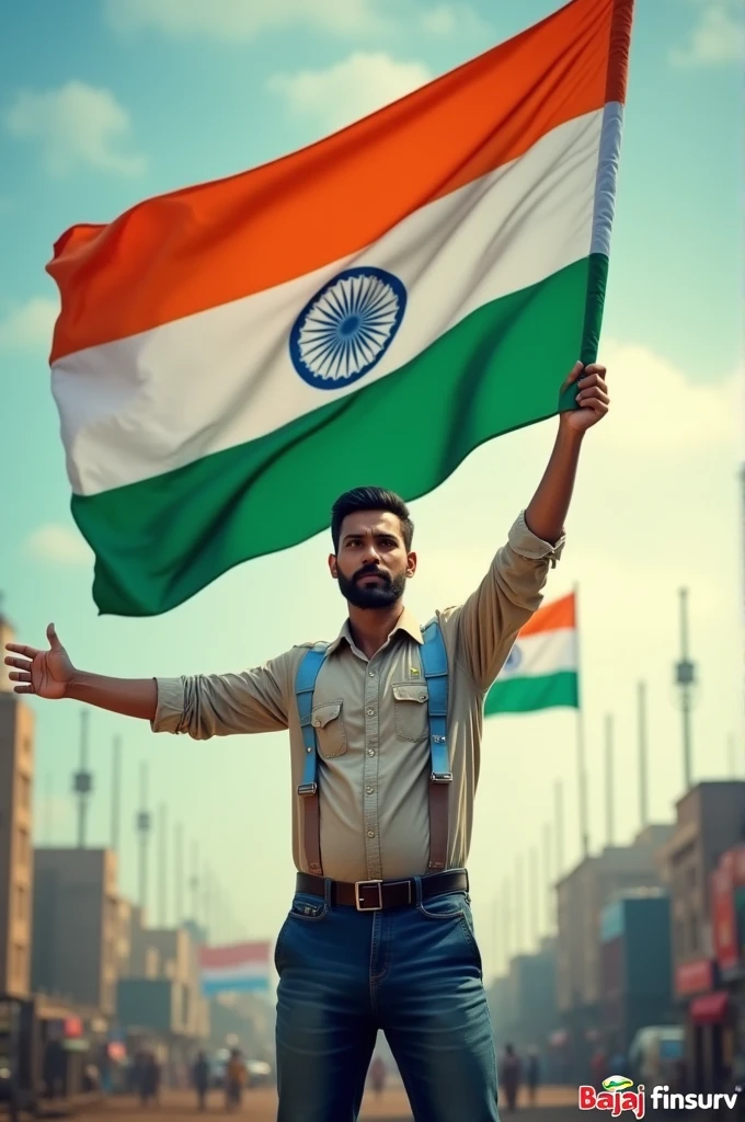 A man hold indian flag in hand and image sponcer bajaj finserv