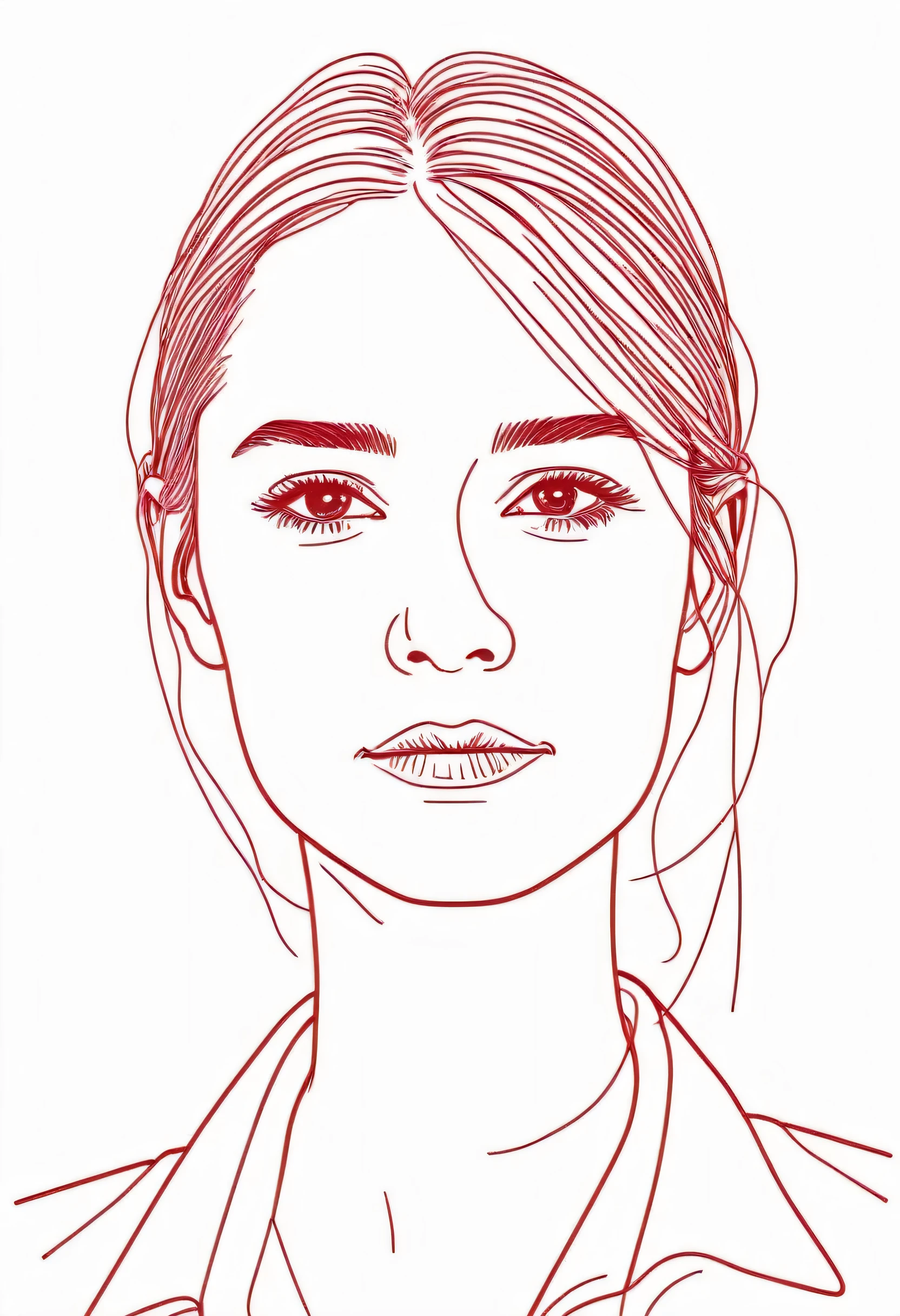 Drawing of a female head of a single working person in a light white and dark red style，Red monochrome line drawing，Flat illustrations，Minimalism，Close-up of the portrait