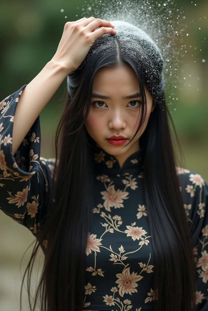 Create an Asian long-haired beauty，High-necked black printed short-sleeved traditional qipao，Scratching the scalp with both hands，There is a lot of dandruff on the top of the head，White fine dandruff on the top of the head，Fierce and unhappy expression，The characters are realistic and realistic，Antique garden background，9:16 frames，Ultra-high-definition picture quality