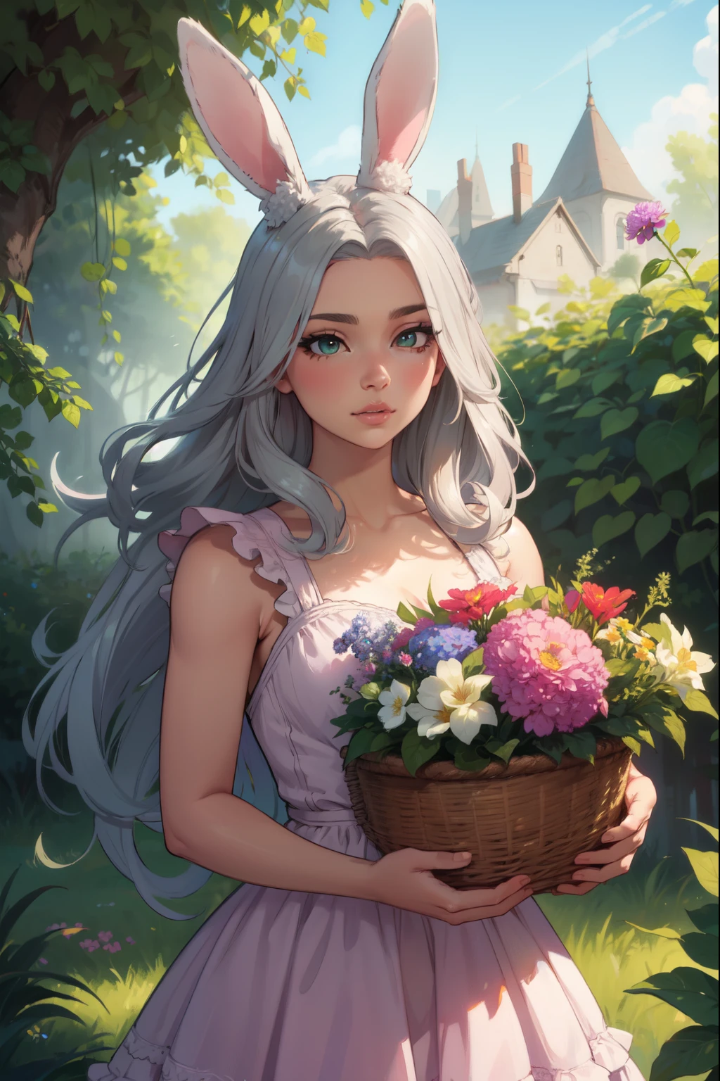 a cute bunny girl, big bright eyes, long eyelashes, cute button nose, soft pink lips, long flowing silver hair, wearing a short frilly pink dress, floppy bunny ears, holding a basket of flowers, beautiful detailed face, outdoors in a lush green garden, sunlight streaming in, warm vibrant colors, intricate detailed painting, 8k, highly detailed, masterpiece, cinematic lighting, photorealistic, award winning digital art