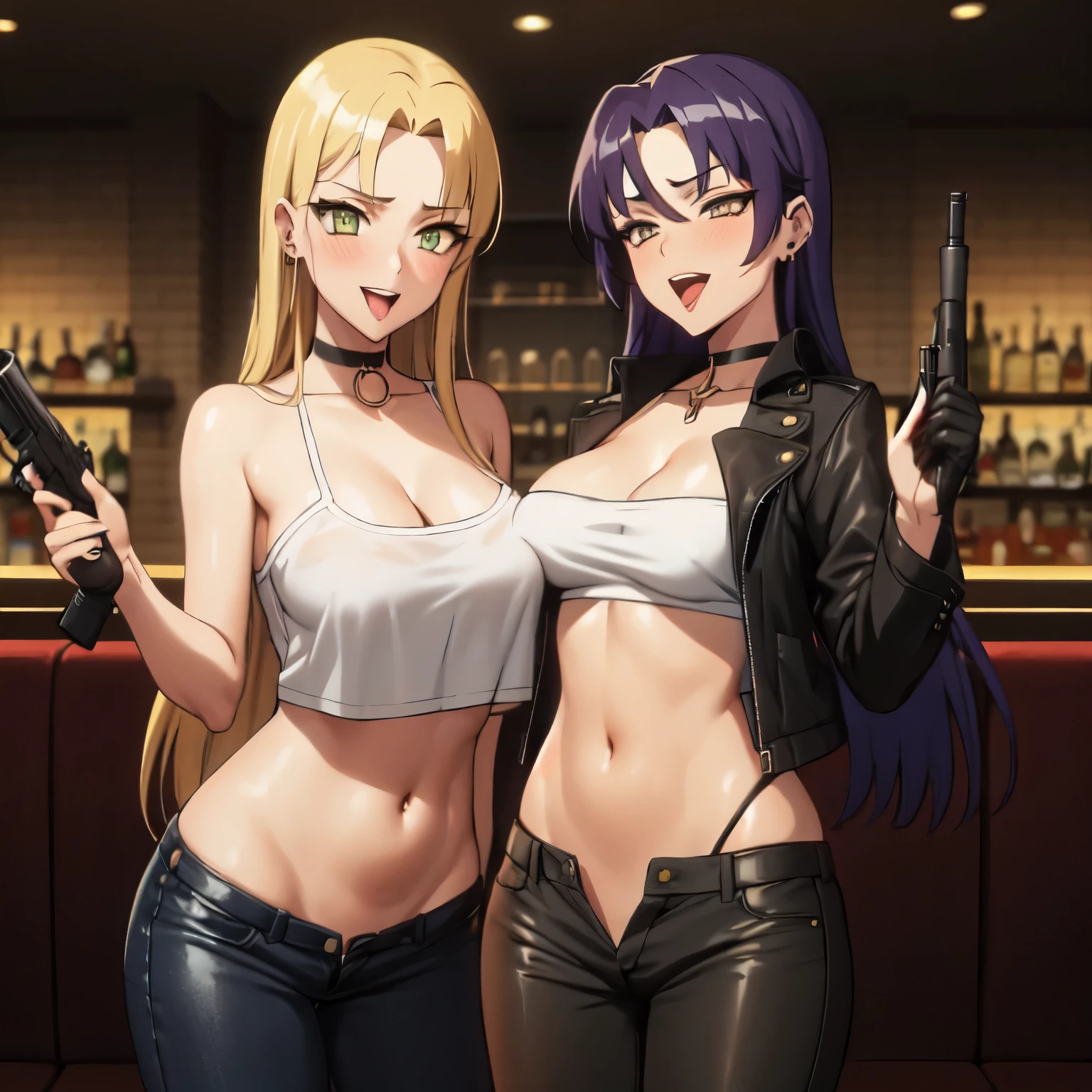 2girl, two girls, long hair, choker,
blush, lipstick,,jewelry, earrings, Hot girl, baddie, bad attitude, mean girl, crazy, smoking, sensual, attractive , bar background, inside bar, indoor, masterpiece, best quality, highly detailed, a girls with a gun, evil smile , open mouth, sexy gaze, badass
pose , evil smile, smile, guns blazing, anime girl with long hair, beautiful long
haired girl, navel, evil expression, exposed belly, exposed navel, exposed midriff, exposed lower belly,
long black pants, crop top, cleavage, unbuttoned leather pants ,open fly, low rise black leather pants,
leather jacket, holding a gun, holding pistol