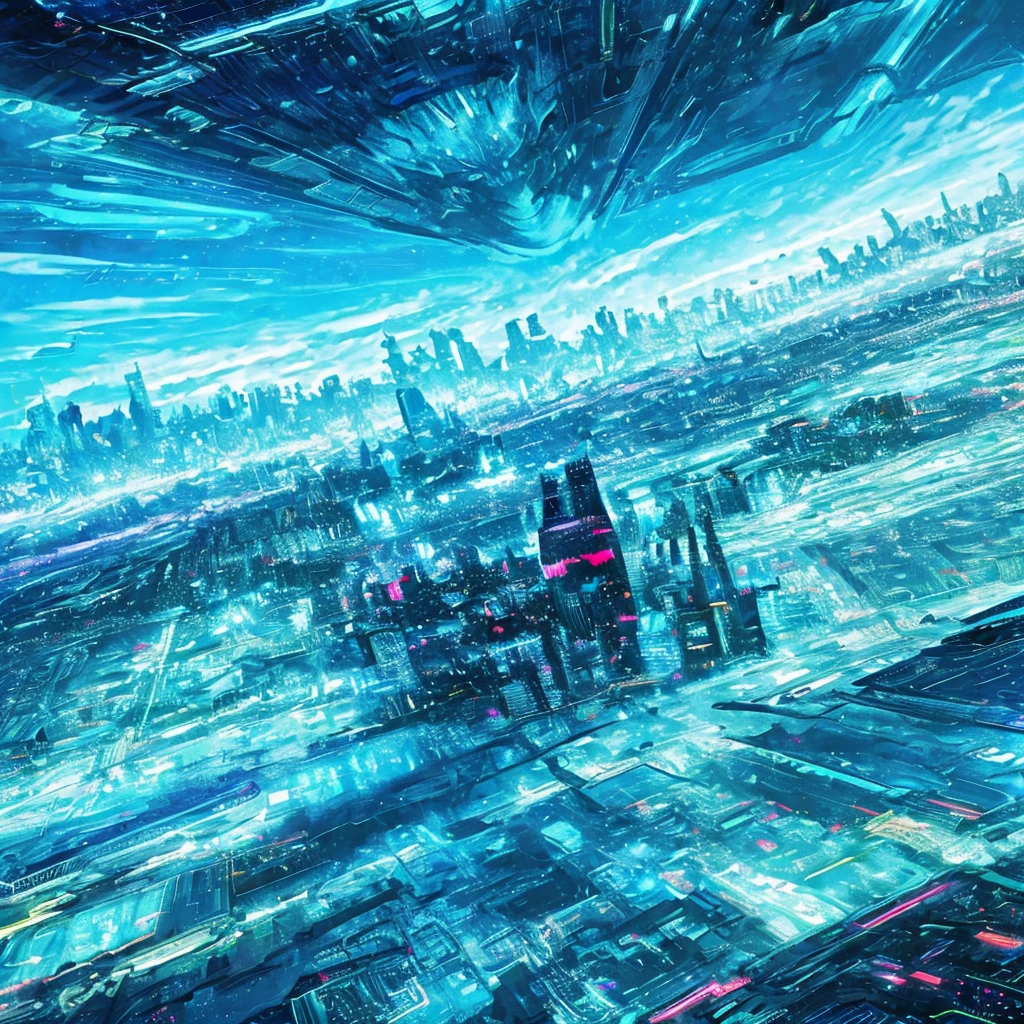metropolitan、Future City、light up、Turquoise sky、Lots of clouds、Angle from above、Grassland seen through the clouds