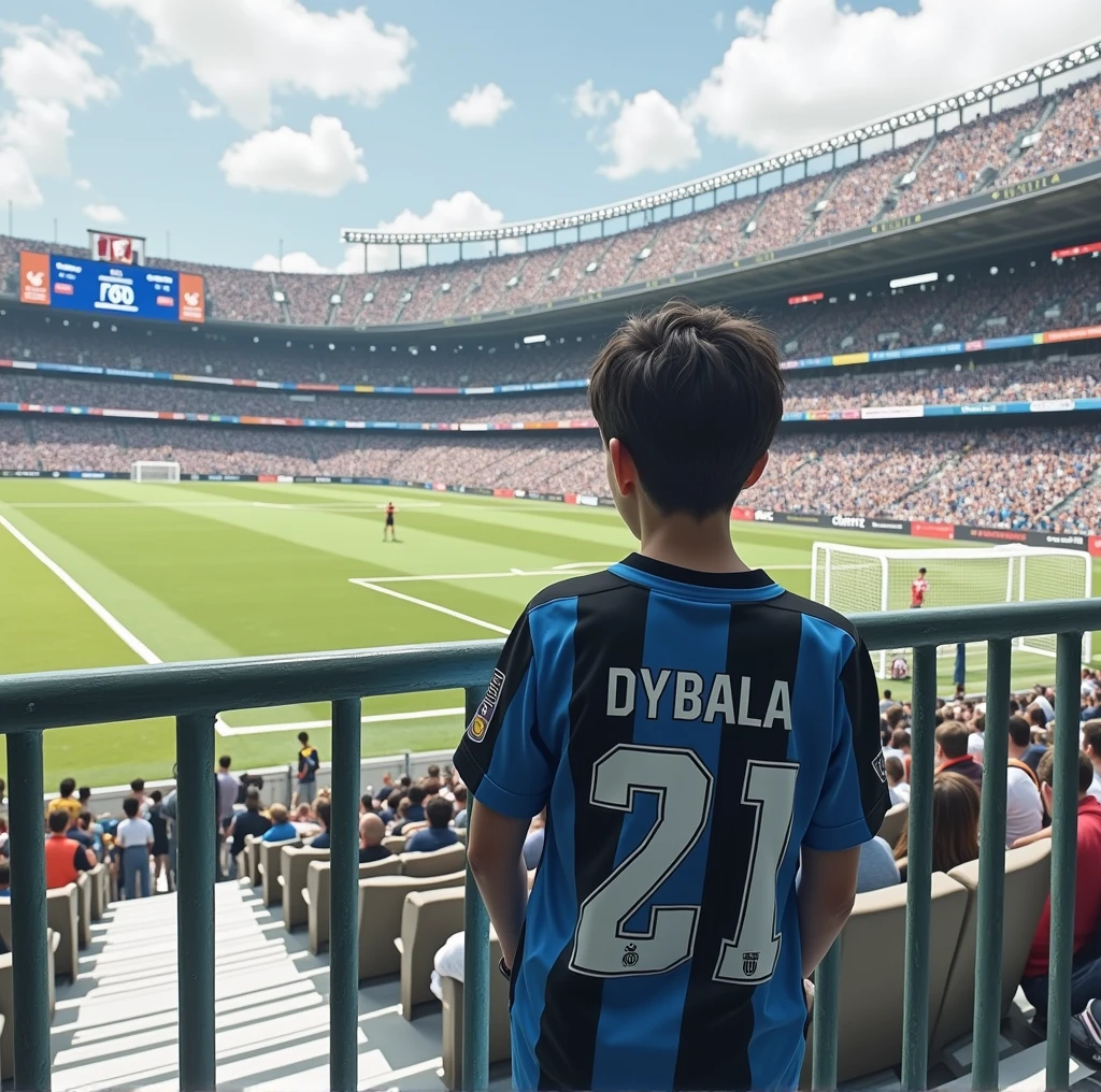 create an image for your Instagram profile of a boy in a football stadium, with the shirt saying dybala and the number 21 on the back
