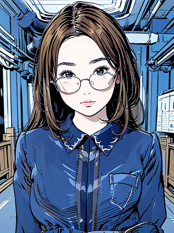 ((chibi)), big head, focus face, blue theme, (masterpiece:1.2, highest quality), (Realistic, photoRealistic:1.4), Beautiful illustrations, (Natural Side Lighting, Cinema Lighting), Written boundary depth, Beautiful thighs staring at the viewer, 1 female, 20-year-old, alone, thin, slender, (small breasts), long Hair, straight Hair, Forehead, Forehead, Forehead, Forehead, thin, slender, glasses, ((Skinny black pants, collared shirt)), Are standing, (((glasses)))