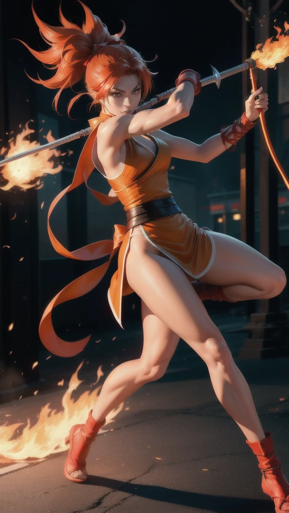 there is a woman holding a bow on fire a street, ingame image, ikki tousen, fire!! full body, wielding a flaming bow, flaming bow, flamethrower, holding flamethrower, wielding fire, flame thrower, she has fire powers, appears as the fire goddess, as a character in tekken, shin megami, high school student