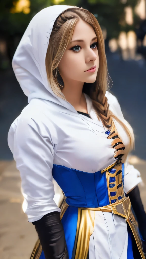 A full-body shot of Princess Zelda, brown hair, blue eyes, dressed as an Assassin from Assassins Creed, in white+gold witha white mask and hood with gold details, XL bust, using a wrist blade. Background: A city during the renaissance period. Unreal Engine 5, Anime, Anime style, Masterpiece, Well drawn eyes, well drawn face, well detailed eyes, well detailed face, 8k, light and shadow effect.