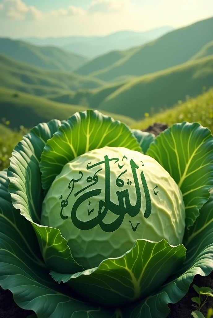 Make a nice image of Allah Hu being written on a green cabbage and that Allah Ho is behind the hill.