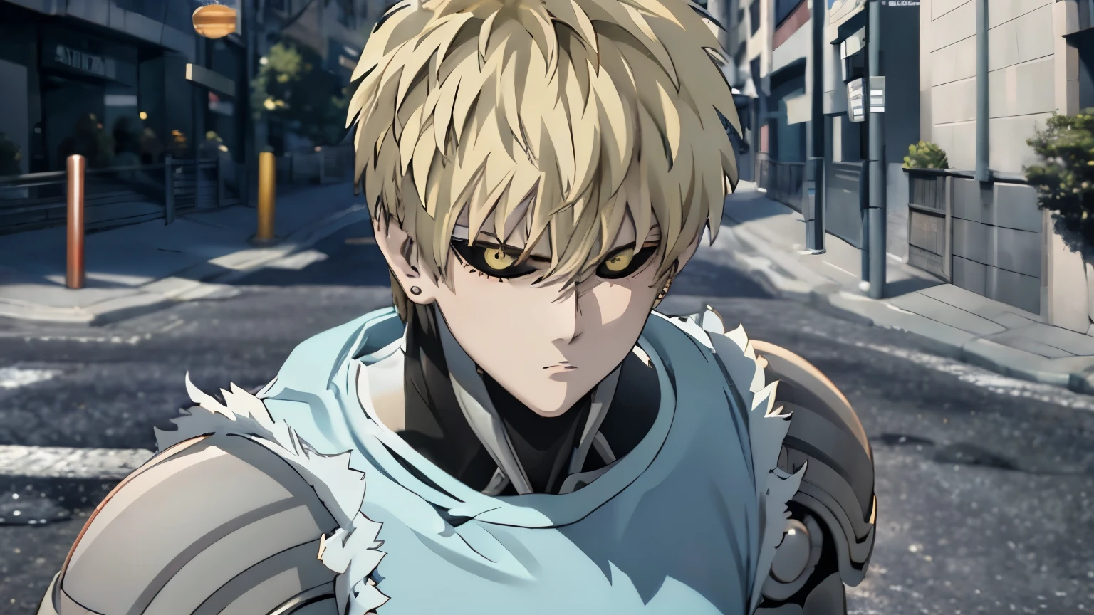 Genos from the one punch man series, He is facing out on the streets.