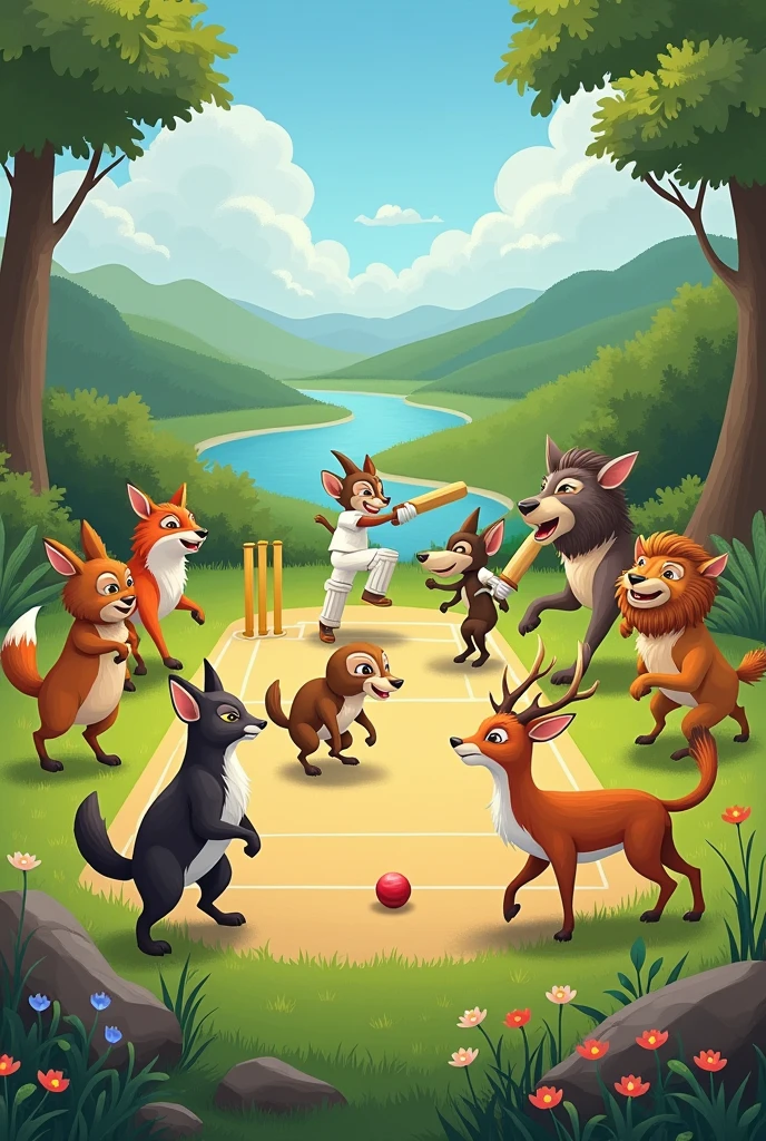 What if wild animals playing cricket match.please me give me prompt images
