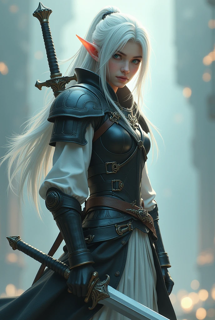 Final Fantasy game theme. Image of a 21 year old white haired elf standing holding her favorite sword., He wore light black and white armor.., pastel colours, and dramatic tones. A masterpiece with the highest resolution. , Surrealist image type