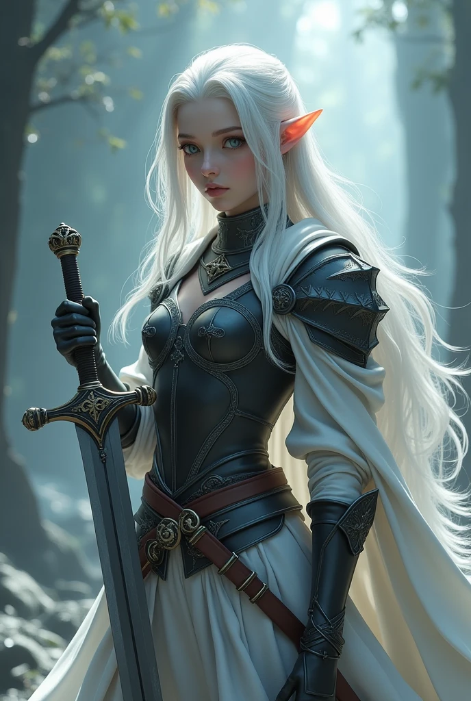 Final Fantasy game theme. Image of a 21 year old white haired elf standing holding her favorite sword., He wore light black and white armor.., pastel colours, and dramatic tones. A masterpiece with the highest resolution. , Surrealist image type