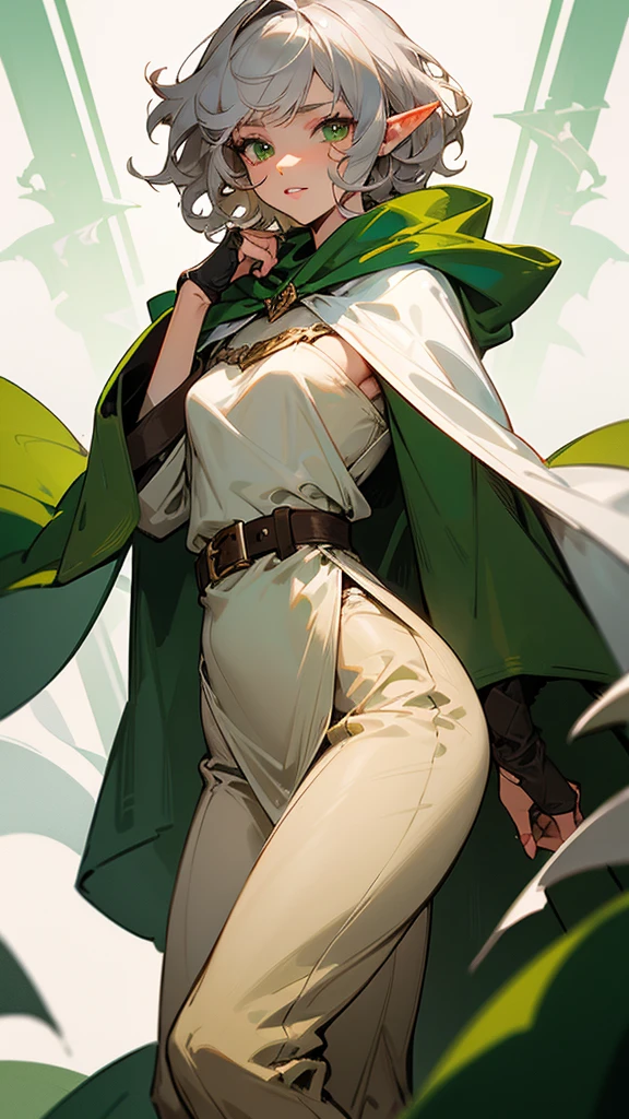Elf, silver hair, medium hair, medium cut, brunette, curly hair, green eyes, slim, fair skin, white dress, green cloak, fingerless gloves, brown pants, belt, A cute boy. He has a sexy facial expression, her face is red, her lips are parted, the look in her eyes is sharp.