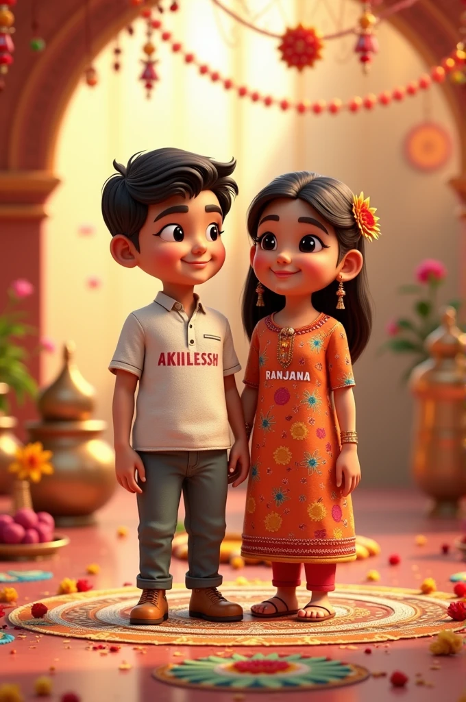 Creat a sister and brother realistic 3D image they are celebrating rakshabandhan festival and the environment is rakshabandhan festival and AKHILESH writen on boy shirt and RANJANA on girl frock.