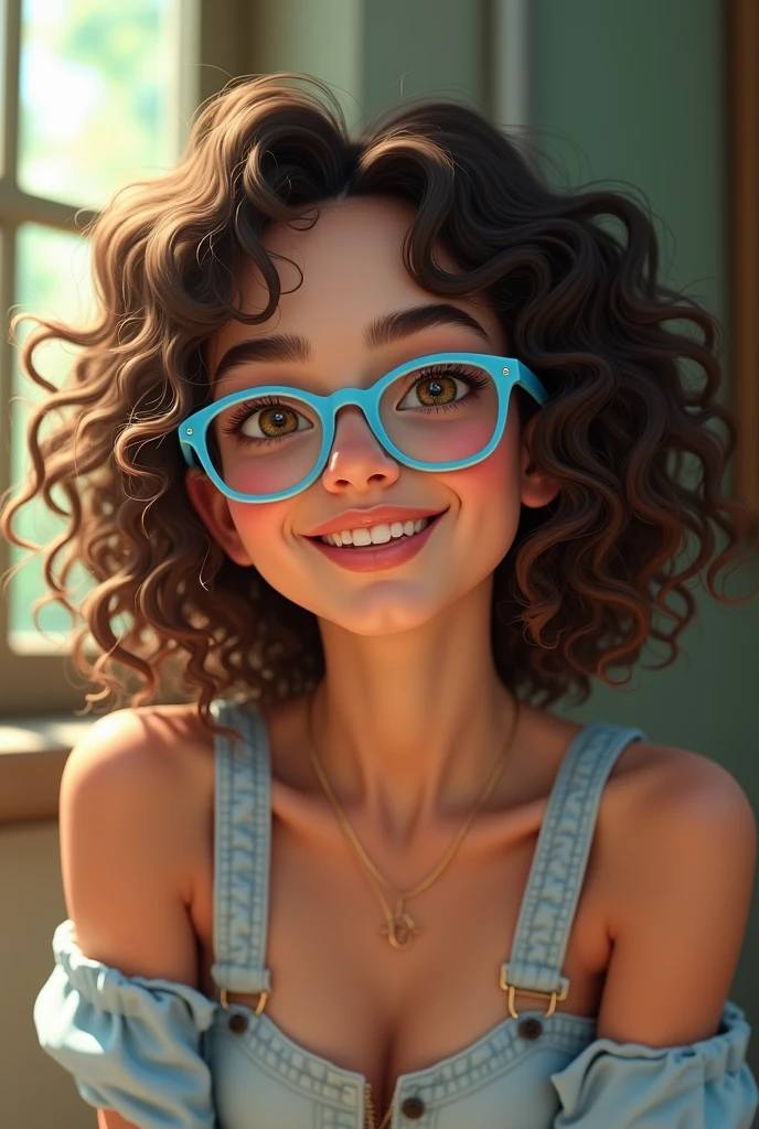 A curly girl who looks like me and wears light blue glasses