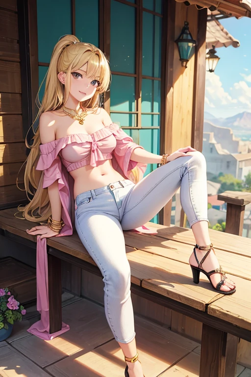 Highest quality, masterpiece, Adult women,8 heads,Blonde,No damage,Skinny Jeans,Pink off-shoulder,Heeled Sandals,In town,, Golden Necklace、bracelet,Less exposure,Do not create a valley,A seductive smile,