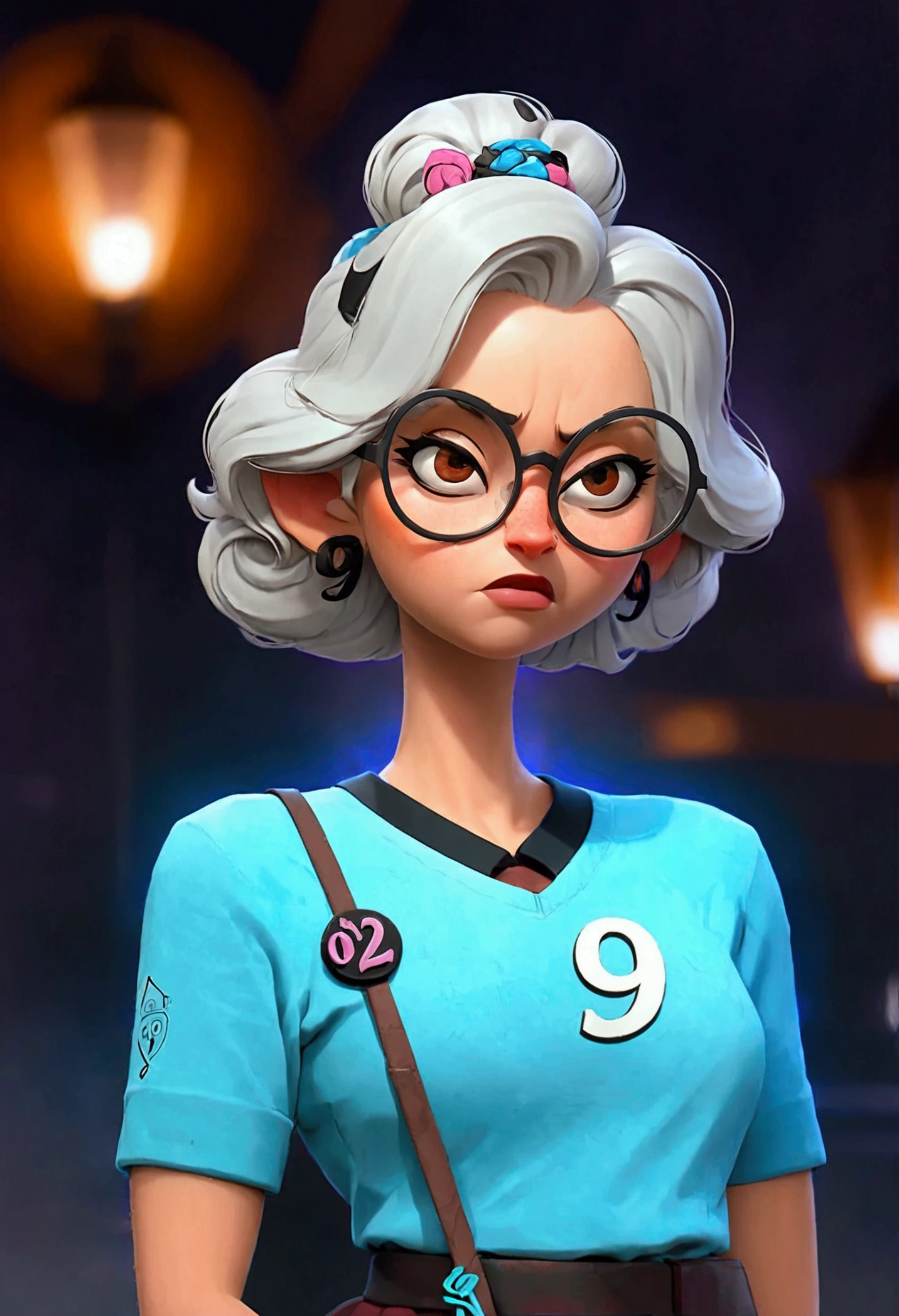 Cartoon of a woman with white hair tied up, and a light blue shirt with the number 9, and black round glasses.