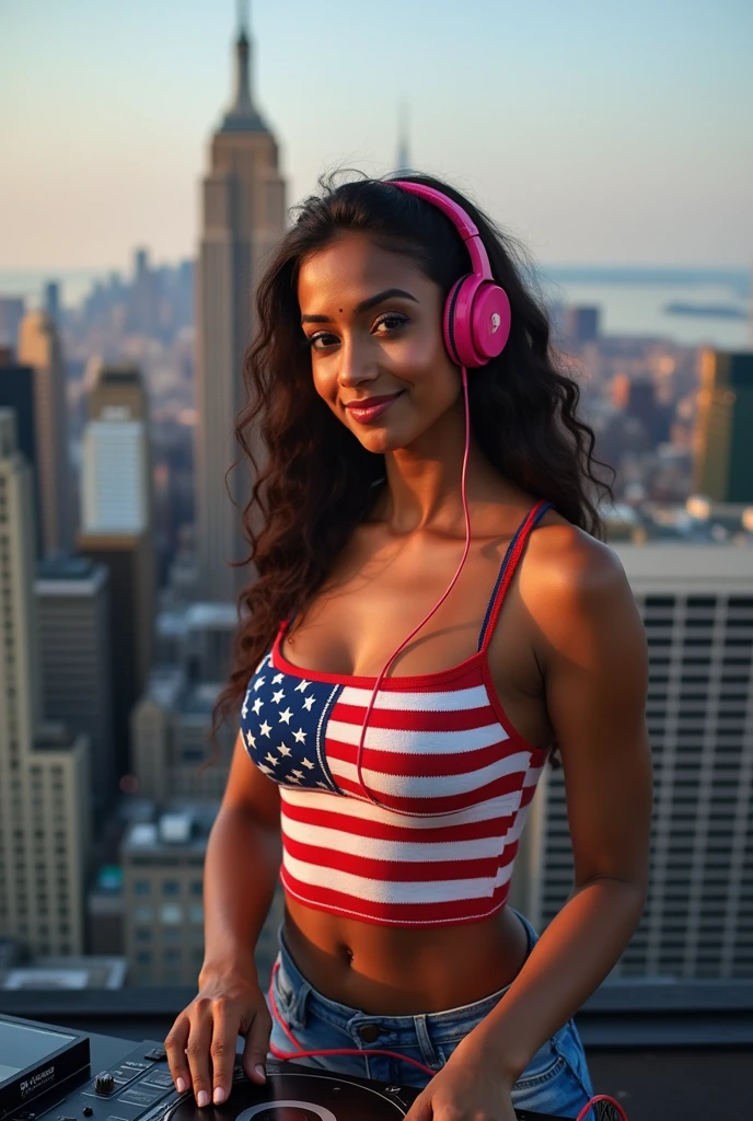 Female Indian DJ, USA flag clothes, Peculiar, Vibrant appearance, Have big breasts, Playful accessories, creative, Imaginative, Sensual, Voluntary, DJ headphones, Mixing Console, Music Clubs, on top of a skyscraper roof, with in the background Madison Square Garden, Skin Texture, Intricate details, (Cinema Lighting), Photo RAW, 8K