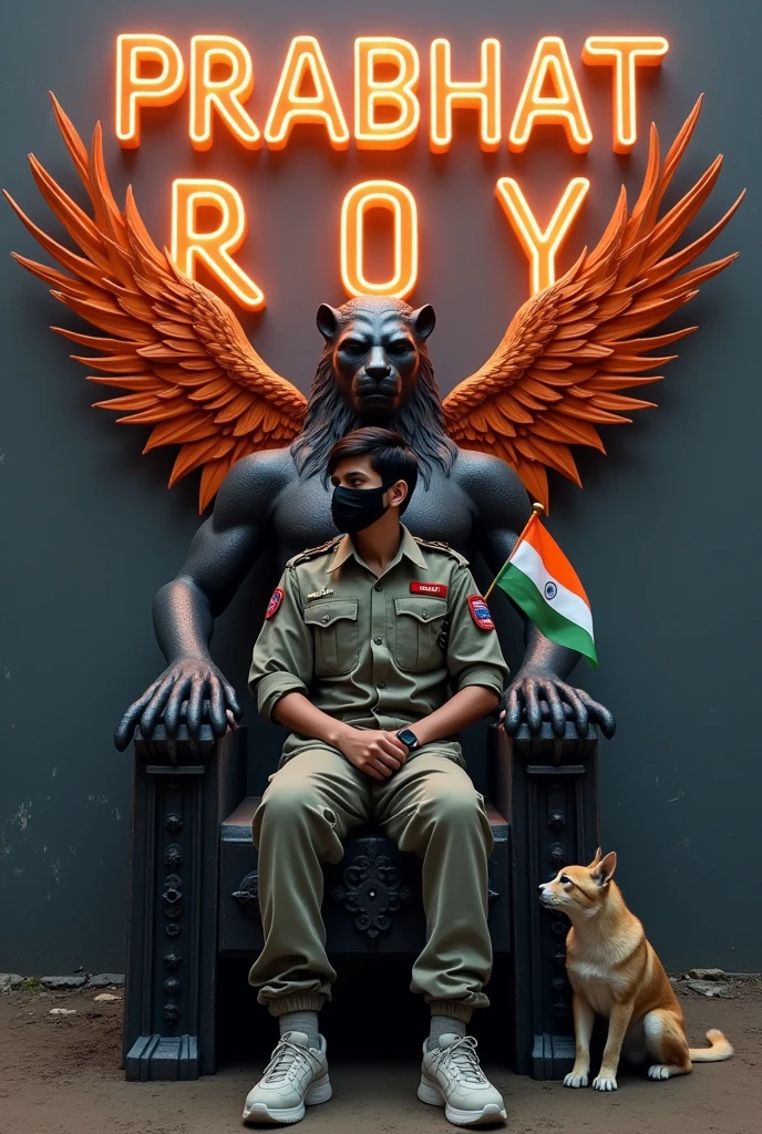 4TH PROMPT :- Create a 3D illusion for the profile picture where a cute 18 year old boy in army dress is sitting lake back side
, wearing black mask,of the King of Beasts throne. Indian flag in hand And shivaji next to me. Wearing sneakers, he looks ahead. " Prabhat roy
” is written in large, orange neon light font on the dark gray wall in the background. He has no shadow and has Indian Tricolor colored wings