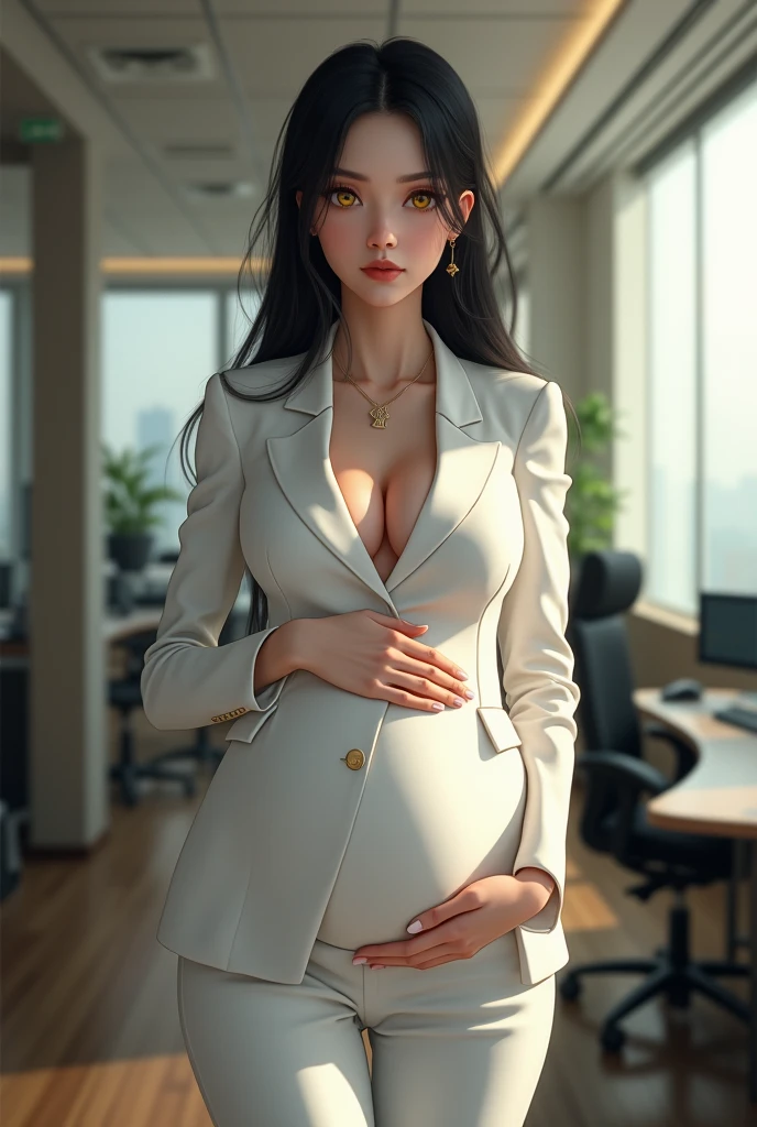 professional artwork, Intricate Details, field of view, sharp focus, detailed painting, photorealistic lighting, trending on pixiv,(masterpiece:1.0),(best_quality:1.0), ultra high res, ultra-detailed, photography, 8K, HDR, highres, absurdres:1.2, Kodak portra 400, film grain, sharp focus, bokeh:1.2, lens flare, (vibrant_color:1.2), (((indoors, office details))), Annerose, 1girl, female mature, black hair, long hair, (yellow eyes), large breasts, white office suit, higheels, soft skin, hair intakes, (solo:1.4), (upper body, half body shot, covered breasts), sad, cute sad face, (pregnant:1.3)