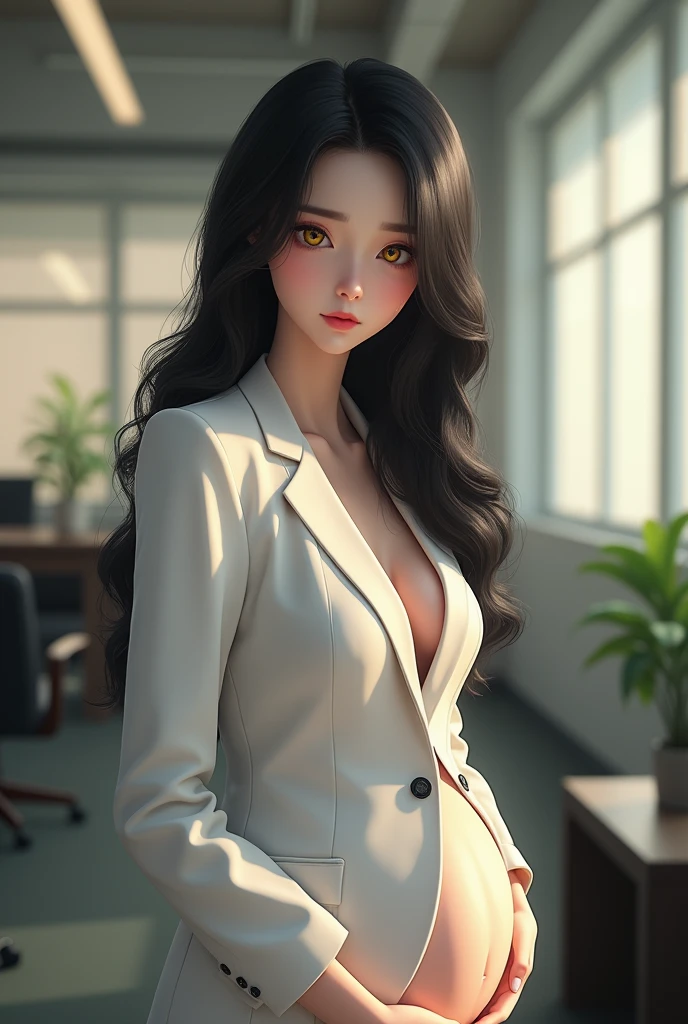 professional artwork, Intricate Details, field of view, sharp focus, detailed painting, photorealistic lighting, trending on pixiv,(masterpiece:1.0),(best_quality:1.0), ultra high res, ultra-detailed, photography, 8K, HDR, highres, absurdres:1.2, Kodak portra 400, film grain, sharp focus, bokeh:1.2, lens flare, (vibrant_color:1.2), (((indoors, office details))), Annerose, 1girl, female mature, black hair, long hair, (yellow eyes), large breasts, white office suit, higheels, soft skin, hair intakes, (solo:1.4), (upper body, half body shot, covered breasts), sad, cute sad face, (pregnant:1.3)