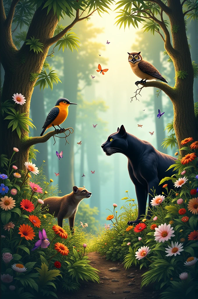 A beautiful forest with many flowers, a beautiful owl, a panther, butterflies, hummingbirds and a honey badger.