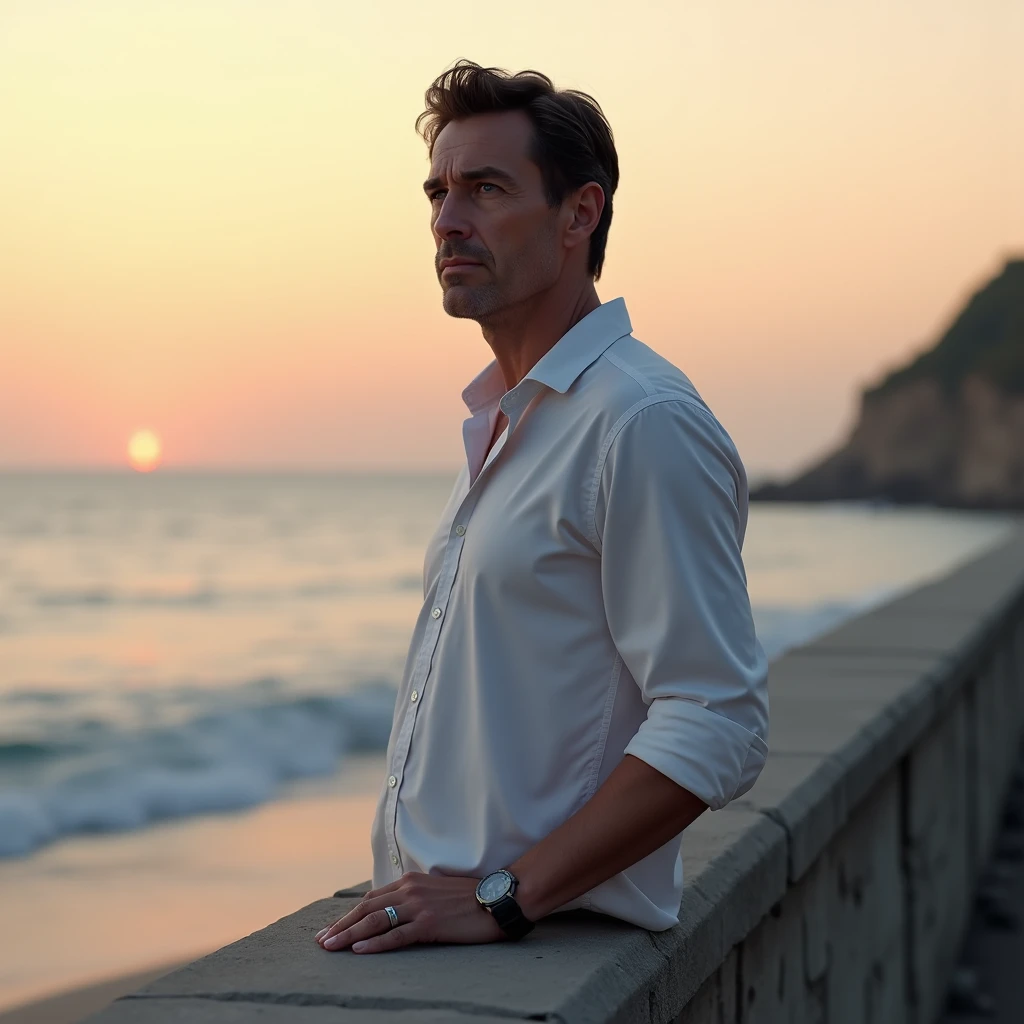 makes image of a white man, model type 35 years old, com cabelo escuro, blue colored eyes, wearing white shirt, at sunrise, on top of a wall on the beach