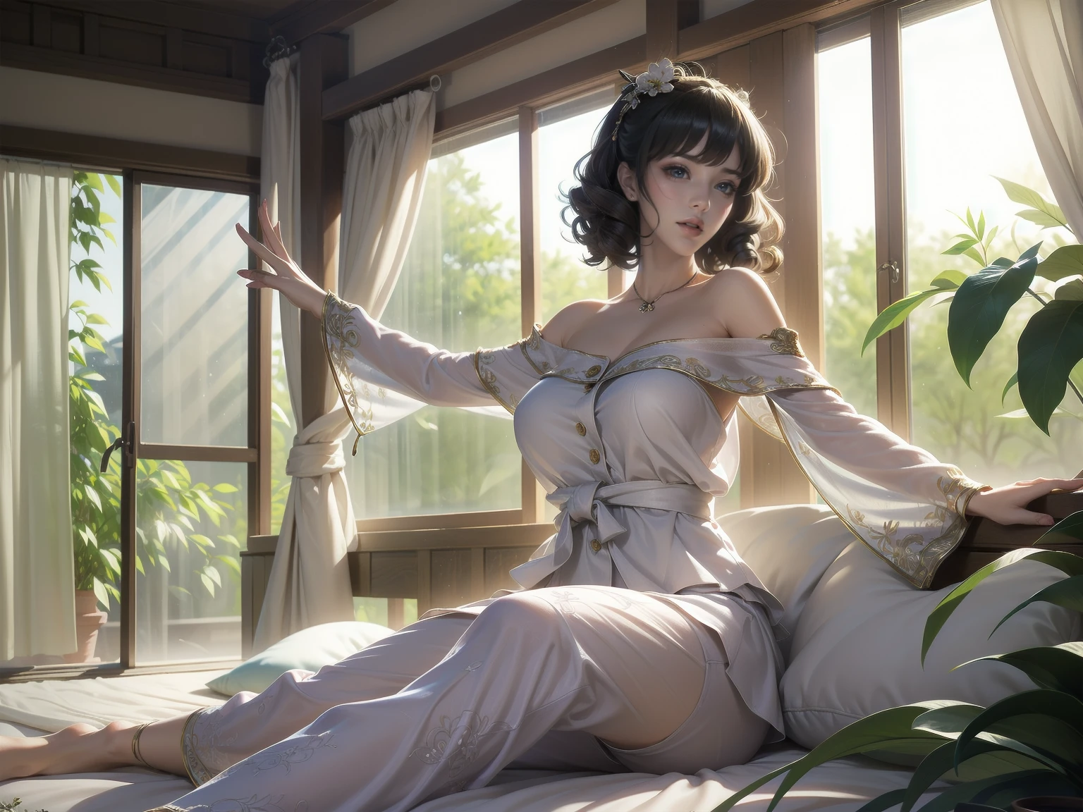 (masterpiece:1.2), Detailed fingers, Beautiful woman, Sitting on the bed, She is wearing a loose off-the-shoulder top., Pajama pants, Short Curly Hair, indoor, Soft lighting, Background plants, Window with sunlight, Cozy rooms, Relaxed pose, Intricate details, Warm colors, Japanese schoolgirl, stretching arms upwards, yawn loudly
